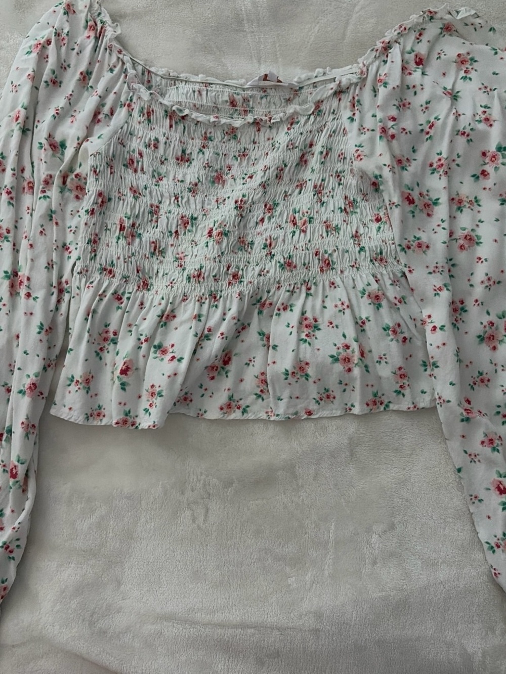 Candie's White Floral Smocked Crop Top with Pink Roses